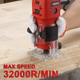TEENO Wood Router, 650W 110V Compact Router Tools for Woodworking, 32000 RPM Hand Trim Router with 1/4" Router Bits Set, 6 Variable Speeds, Edge Guide, Roller Guide TEENO