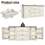 65" Sideboard Buffet Cabinet with Storage, Farmhouse Kitchen Pantries Sideboard Cabinets with Drawer, Wood Coffee Bar Cabinet with Adjustable Shelves, Storage Cabinets for Kitchen, Antique White chartustriable