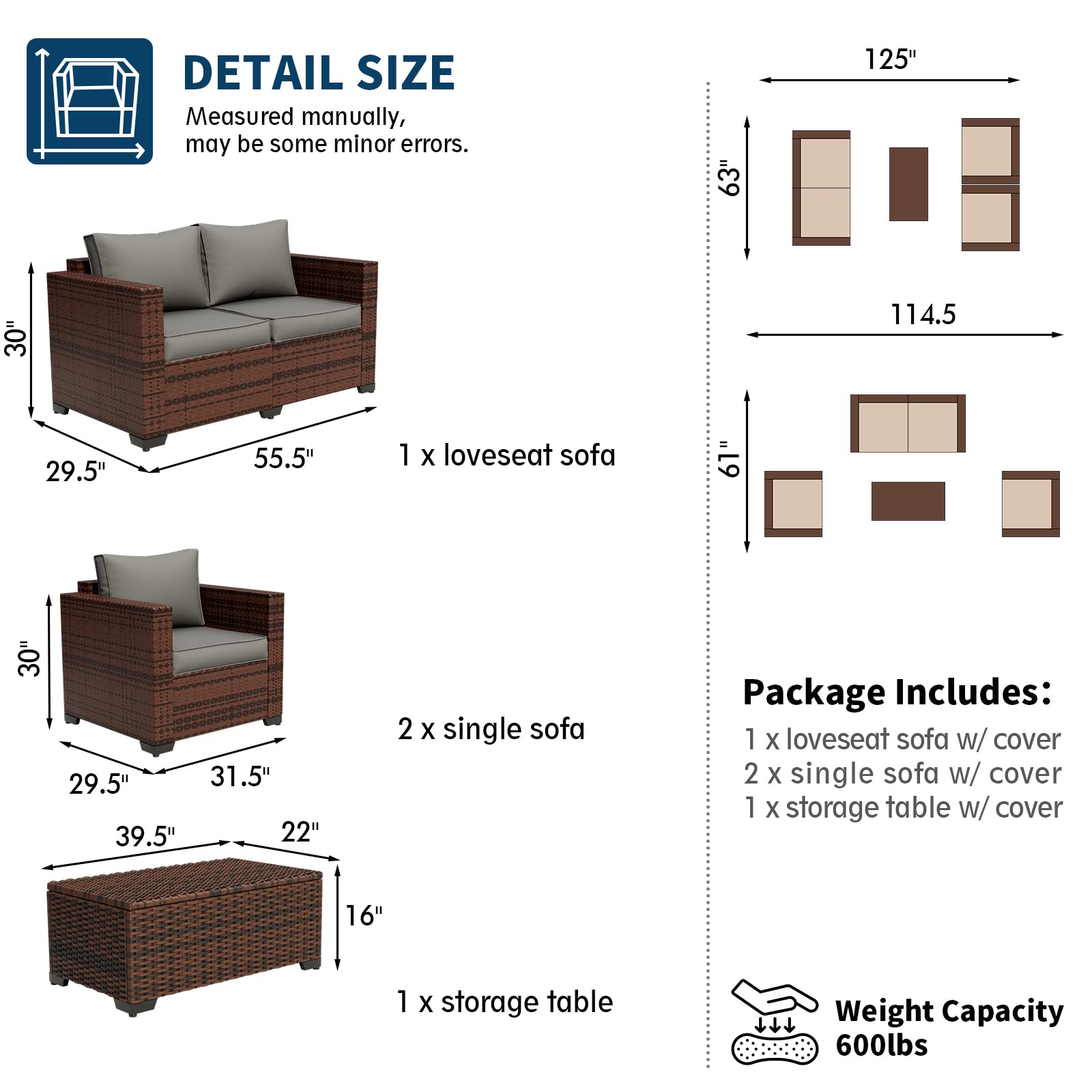 UDPATIO 4 Piece Patio Furniture Set, Wicker Patio Set with Storage Coffee Table and Dark Grey Cushions, Outdoor Patio Furniture for Porch Balcony - WoodArtSupply