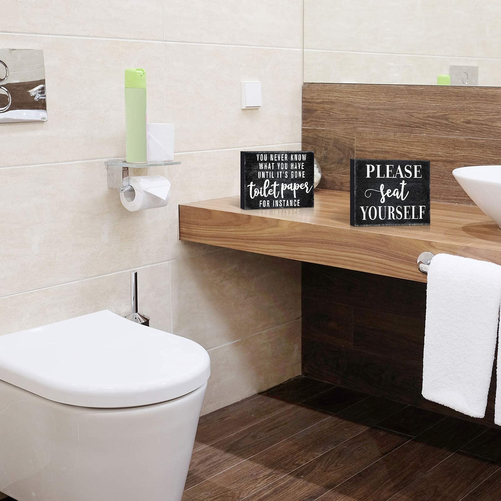 2 Pieces Funny Farmhouse Bathroom Decor You Never Know What You Have Until It's Gone Toilet Paper Sign Please Seat Yourself Sign Humor Toilet Box Plaque for Toilet Decoration, 4 x 5 Inch (Bla - WoodArtSupply