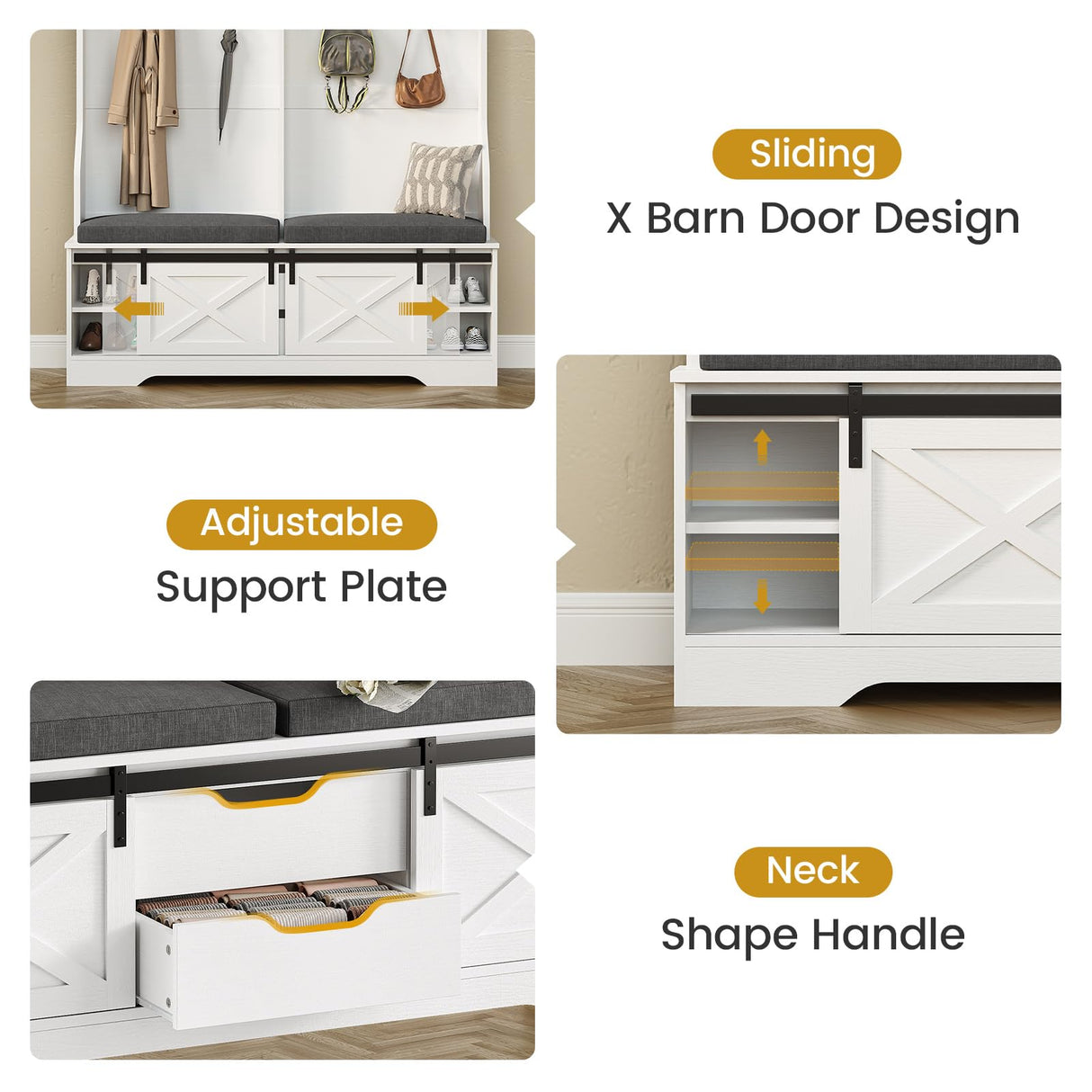 UPOSOJA Hall Tree with Bench and Shoe Storage, Entryway Bench with Coat Rack, Modern Farm House Barn Door 3-in-1 Hall Tree with Storage Cushioned Bench Stool and Hooks for Hallway, Living Room (60IN) UPOSOJA