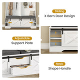 UPOSOJA Hall Tree with Bench and Shoe Storage, Entryway Bench with Coat Rack, Modern Farm House Barn Door 3-in-1 Hall Tree with Storage Cushioned Bench Stool and Hooks for Hallway, Living Room (60IN) UPOSOJA