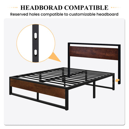 SHA CERLIN 14'' Queen Size Metal Platform Bed Frame with Rustic Wood & Ample Under-Bed Storage Solution - WoodArtSupply