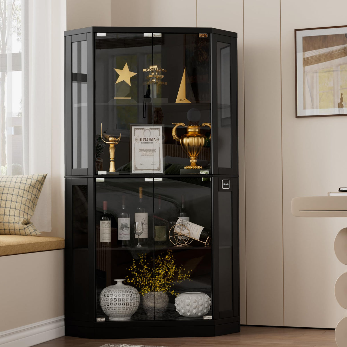 PAKASEPT Corner Display Cabinet with Glass Doors, 66.3”Corner Curio Cabinets with LED Lights, 4-Tier Display Shelf with Human Body Sensor for Toys, Books, Collectibles PAKASEPT