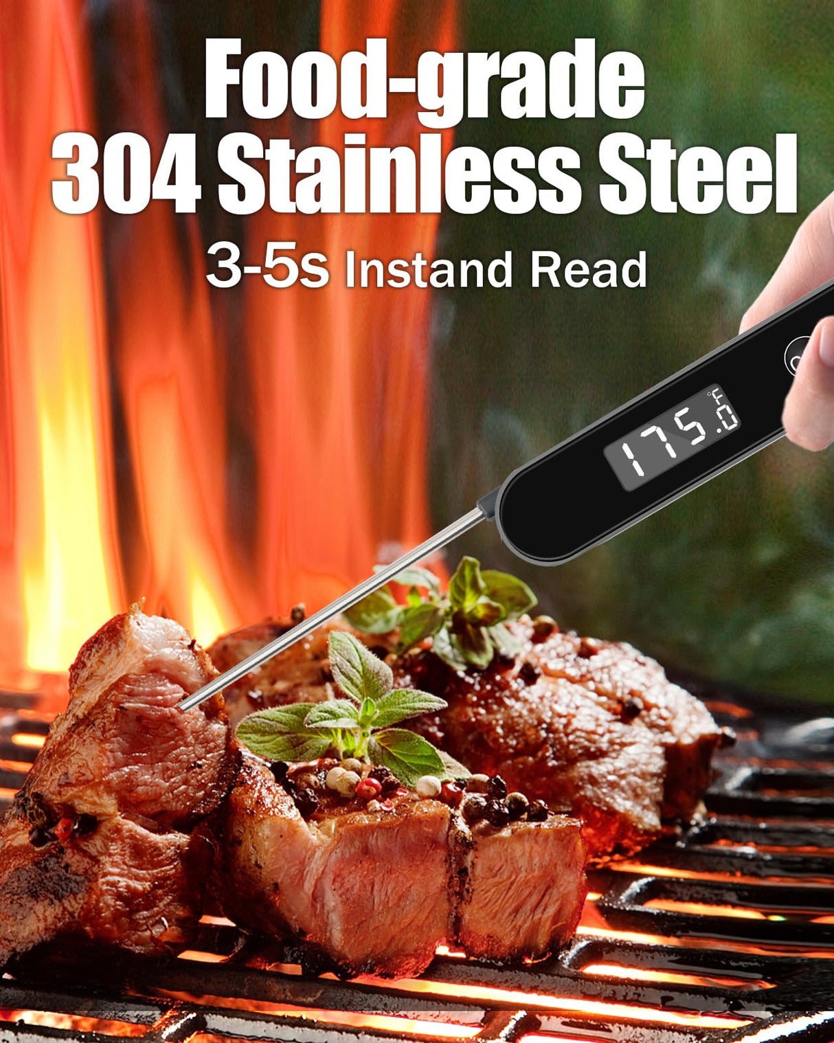 OFOND Meat Thermometer Digital for Cooking and Grilling,Instant Read Food Thermometer with Battery,Folding Accurate Probe Kitchen Thermometer for BBQ,Backlit LCD,Store by Magnet and Hook (Black) OFOND