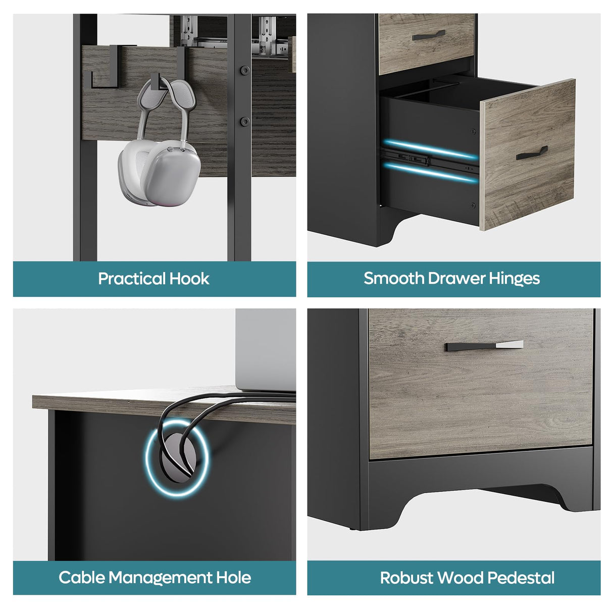 Bestier 48” Computer Desk with Drawers, Office Desk with Storage, Industrial Wood Writing Desk with File Drawer, Keyboard Tray & 2 Hooks for Home Office & Studio, Gray Bestier