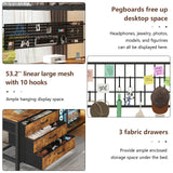 Full Size Loft Bed with U-Shaped Desk, Industrial Heavy Duty Full Loft Bed Frame with Pegboard & Mesh Shelf, RGB Lights, Bunk Loft Beds with Power Outlet, 3 Storage Drawers, Safety Guard & Ladder CSZZD