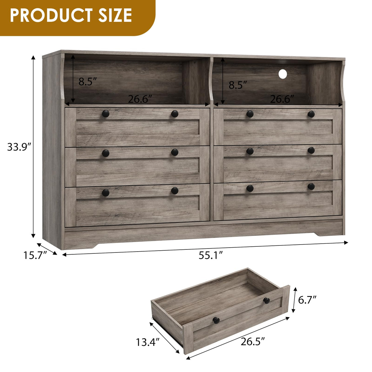 Grey Dresser for Bedroom with 6 Drawers, Large Wooden Bedroom Dressers with Power Outlet and Led Lights, 55 Inch Wide TV Dresser, Wood Modern 6 Drawers Dressers & Chests of Drawers for Room GarveeLife