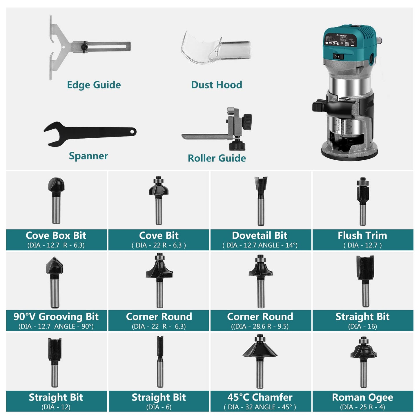 Avtbeisty 6.5-Amp Wood Router Tool, 1.25 HP Compact Trim Router with 6 Variable Speed, Fixed Base, 12 Wood Router Bits, 1/4" & 3/8" Collets, Edge Guide, Roller Guide, and Dust Hood - WoodArtSupply