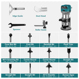 Avtbeisty 6.5-Amp Wood Router Tool, 1.25 HP Compact Trim Router with 6 Variable Speed, Fixed Base, 12 Wood Router Bits, 1/4" & 3/8" Collets, Edge Guide, Roller Guide, and Dust Hood Avtbeisty