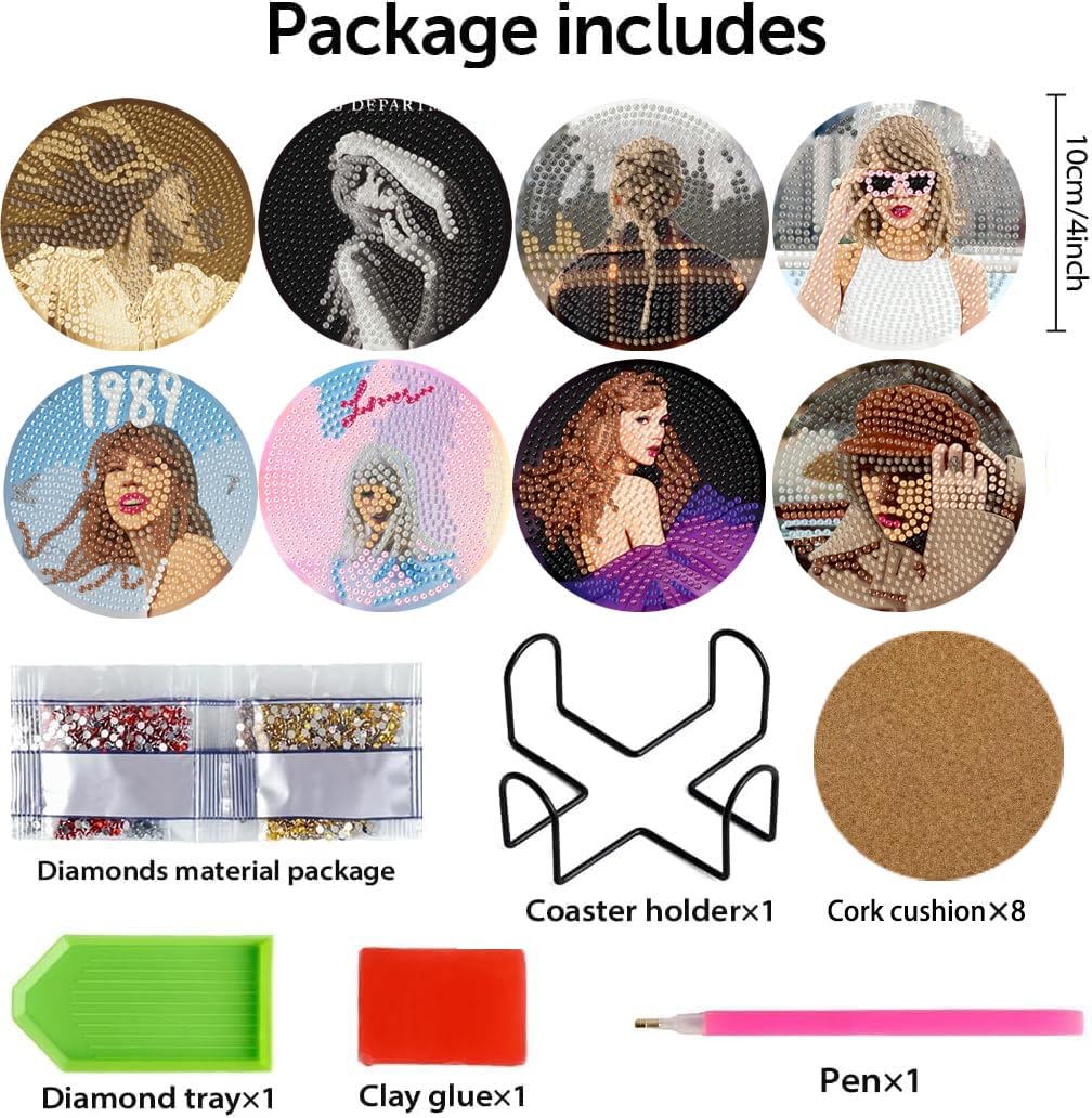 stnckic 8 Pcs Diamond Art Coasters Kit for Adults,Diamond Painting Coaster Set with Holder, DIY Bead Art Craft, Paint by Diamonds Art Coasters, Singer Merch Gifts for Girls and Women stnckic