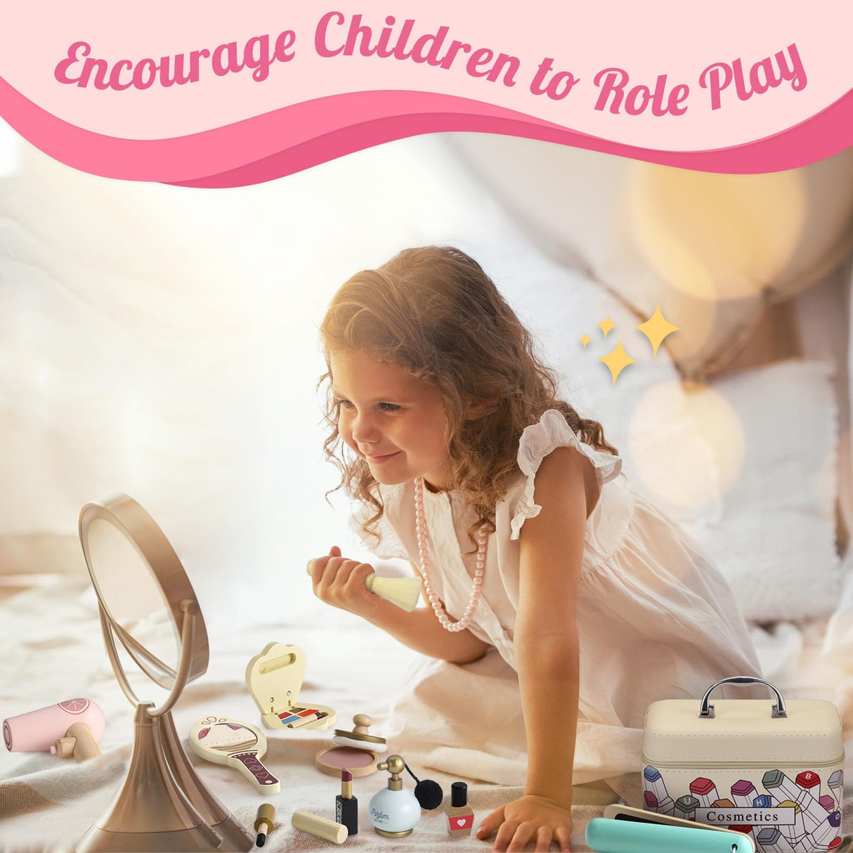 GAGAKU Wooden Makeup Toy Set Wood Hair Salon Playset Toddler Wooden Makeup Kit for Girls,Christmas Birthday Gift for 3 4 5 6 7 Years Old Kids GAGAKU