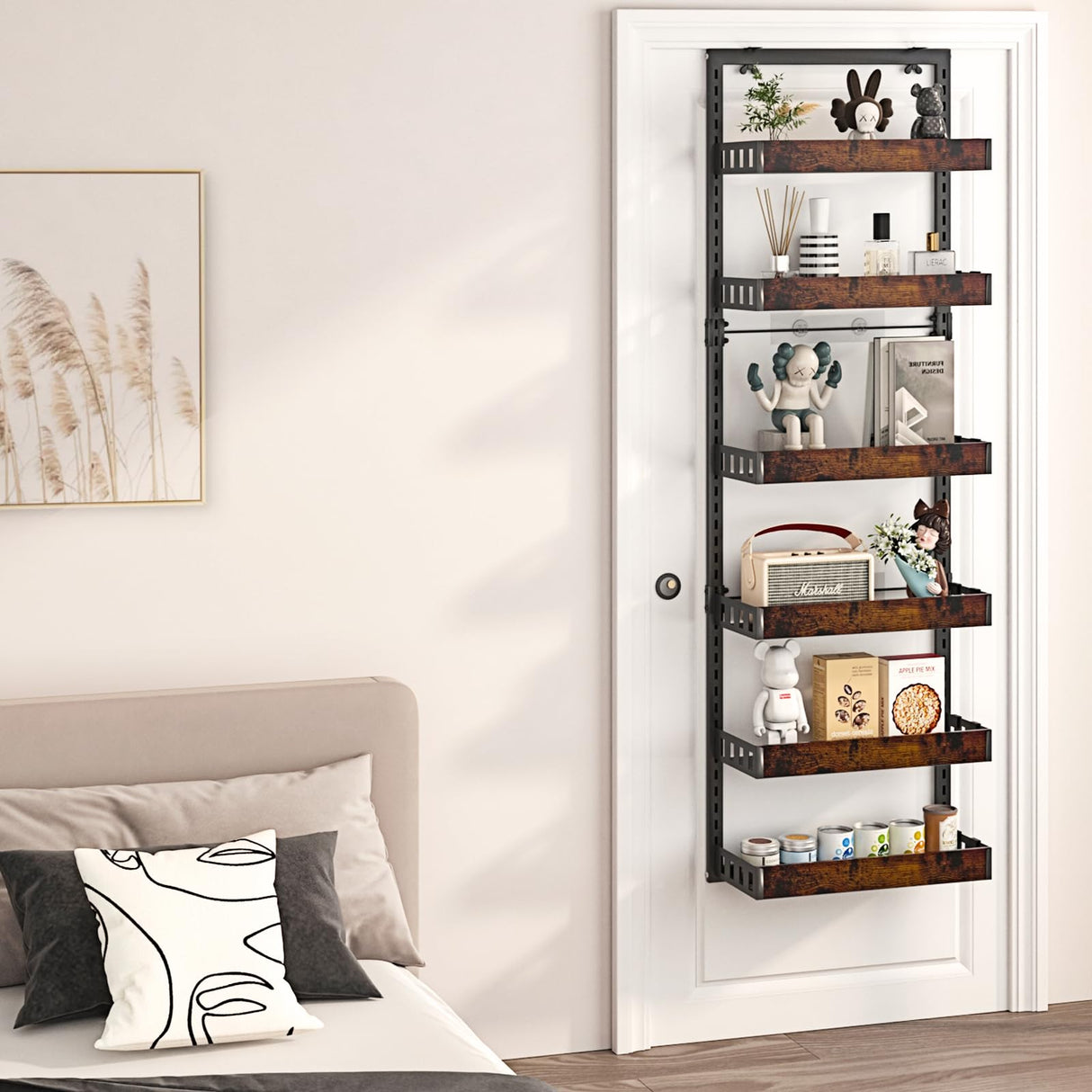 bukfen Over the Door Pantry Organizer, 6-Tier Adjustable Wooden Basket Kitchen Pantry Door Organization and Storage, Heavy-Duty Metal Hanging Kitchen Spice Rack,D6.3 x W17.71 x H50.60 inch,1 Pack bukfen