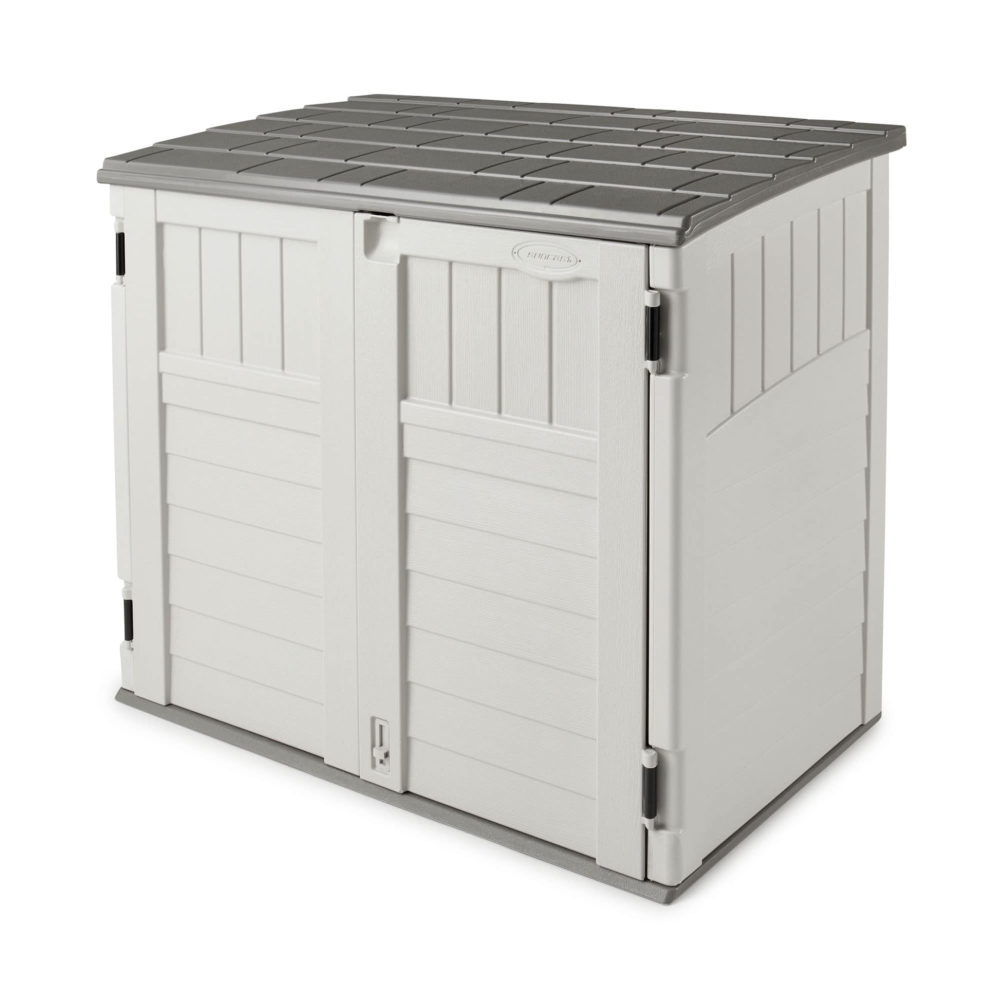 Suncast 34 Cu Ft Capacity Horizontal Outdoor Storage Shed for Garbage Cans, Garden Accessories, Backyard, and Patio Use, Vanilla - WoodArtSupply