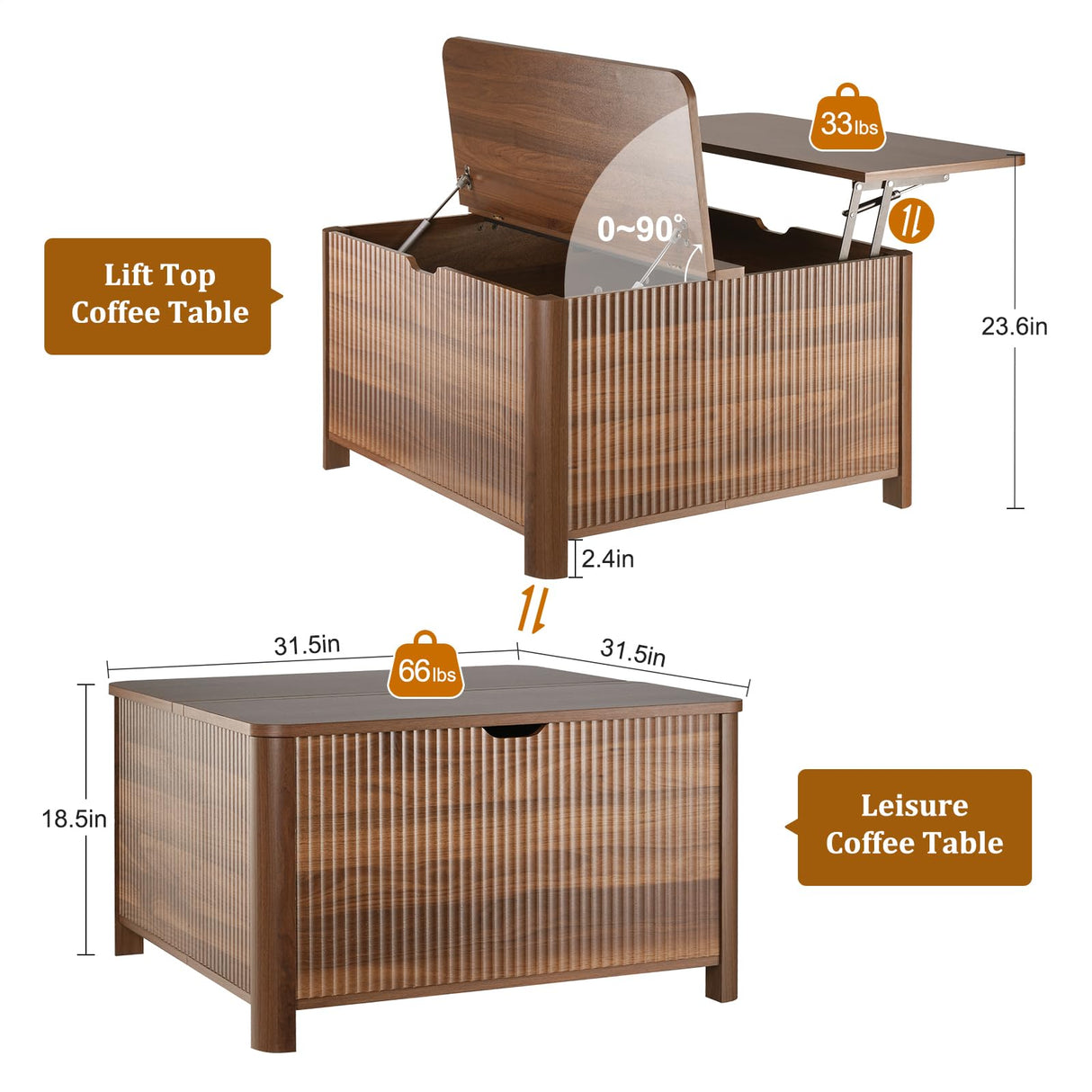 LYNCOHOME 31.5" Fluted Lift Top Coffee Table with Storage, Square Coffee Tables for Living Room, Coffee Table with Large Hidden Storage Compartment and Adjustable Shelves，Walnut LYNCOHOME