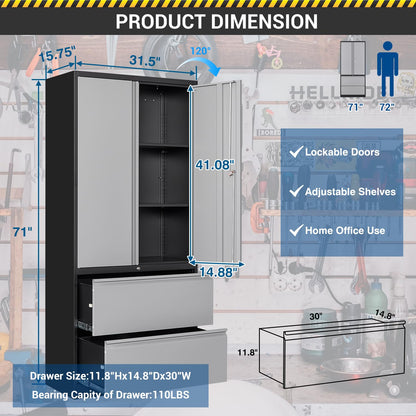 Fesbos 71" Metal Storage Cabinet with Lock - Large Lockable Garage Tool Cabinet with Drawers and Shelves - Tall Steel Heavy-Duty Cabinet for Home Office Gym School