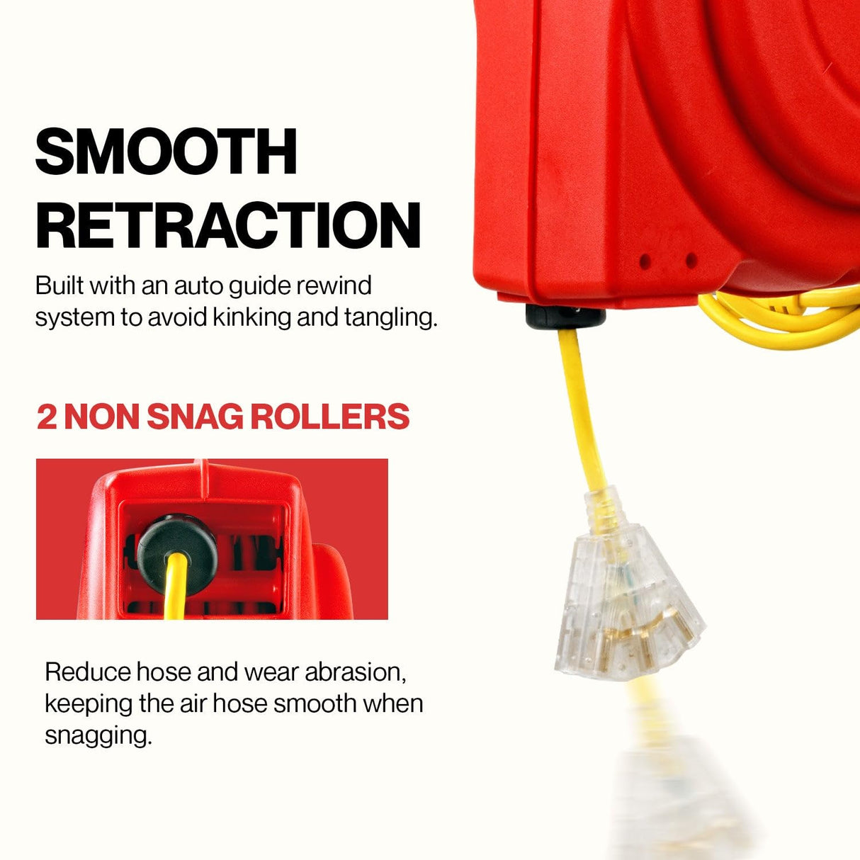 ReelWorks Extension Cord Reel Retractable Longest Industrial 12awg x 80' Foot Commercial Premium Grade Ultra Flexible 3C/SJTOW Glow Strip Cable and Led Light Up Triple Tap Connector Use Indoor/Outdoor ReelWORKS