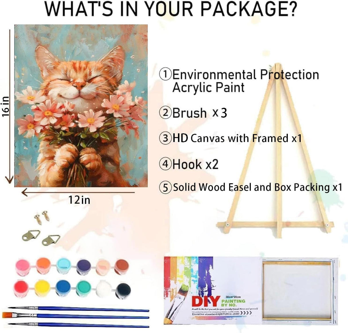Cat Paint by Numbers Kit for Adults with Framed Canvas&Wooden Easel, DIY Acrylic Paint by Numbers Kits on Canvas, Cat with Flower Drawing Paintwork Arts and Crafts for Home Wall Decor 12x16inch Clendo