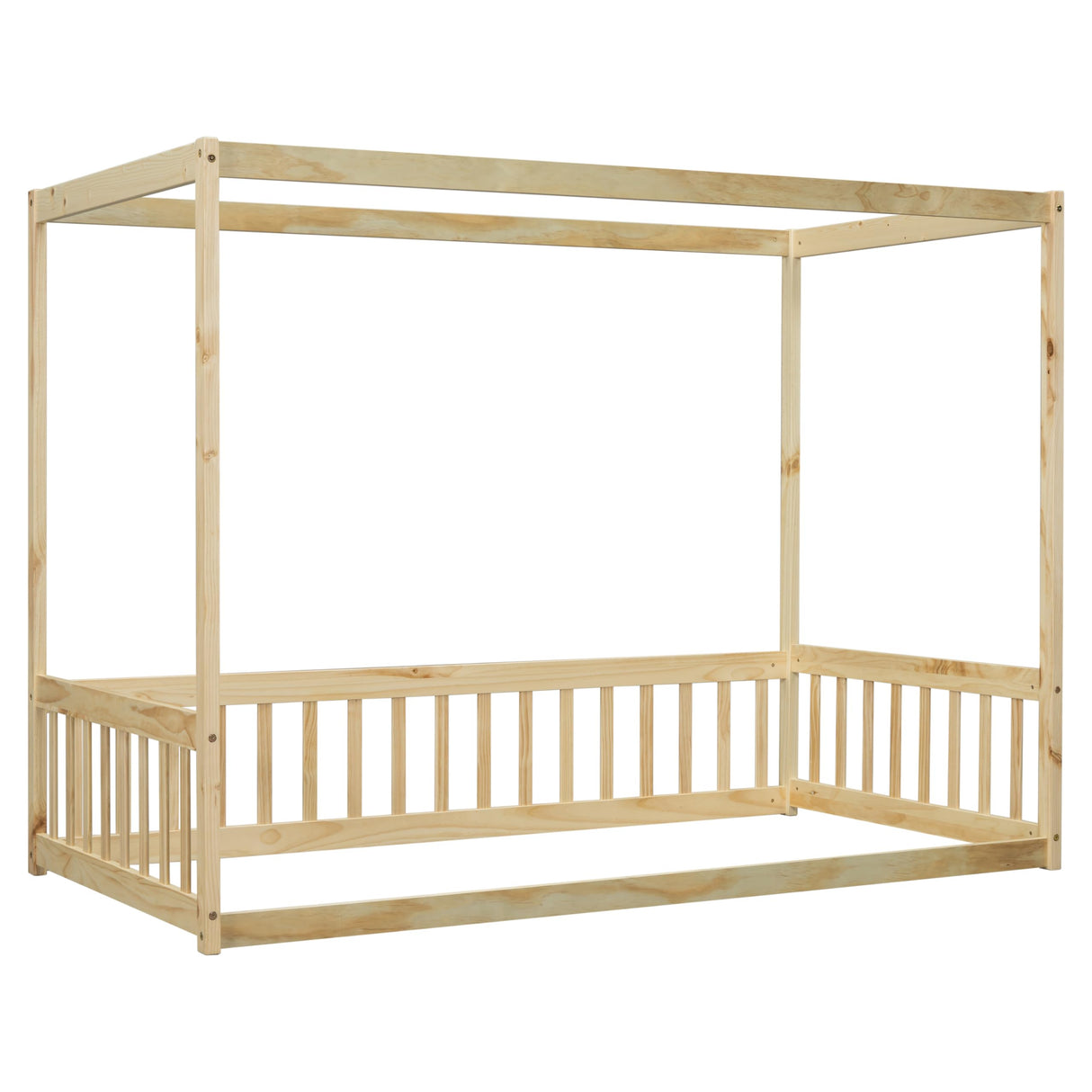 PVWIIK Twin Size Canopy Frame Floor Bed with Fence for Girls & Boys,Montessori Floor Bed w/Safety Guardrails for Girls,Boys,No Box Spring Needed, Natural PVWIIK