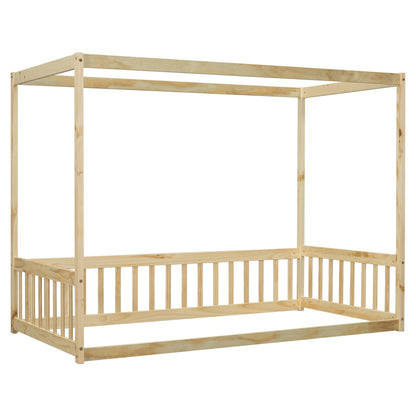 PVWIIK Twin Size Canopy Frame Floor Bed with Fence for Girls & Boys,Montessori Floor Bed w/Safety Guardrails for Girls,Boys,No Box Spring Needed, Natural