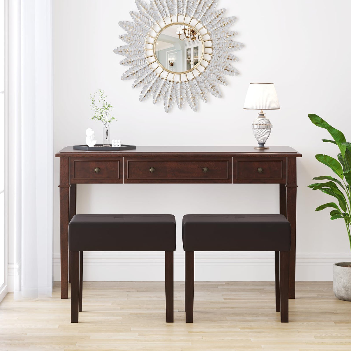 EOSVALO Leather Vanity Stool, 20 Inch Wide Rectangle Ottoman Bench for Makeup Room, Vanity Chair with Wood Legs for Piano Room, Bedroom,Living Room with Customizable (Cherry) EOSVALO