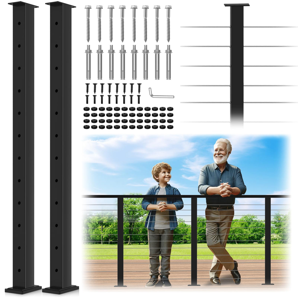 Gyykzz 42" Cable Railing Post 2 Pack, Matte Black Stainless Steel T304 Level Drilled Railing Posts for Cable Railing Kit System, Flat Top Heavy-Duty Deck Post for Indoor Outdoor with Cable Grommets Gyykzz