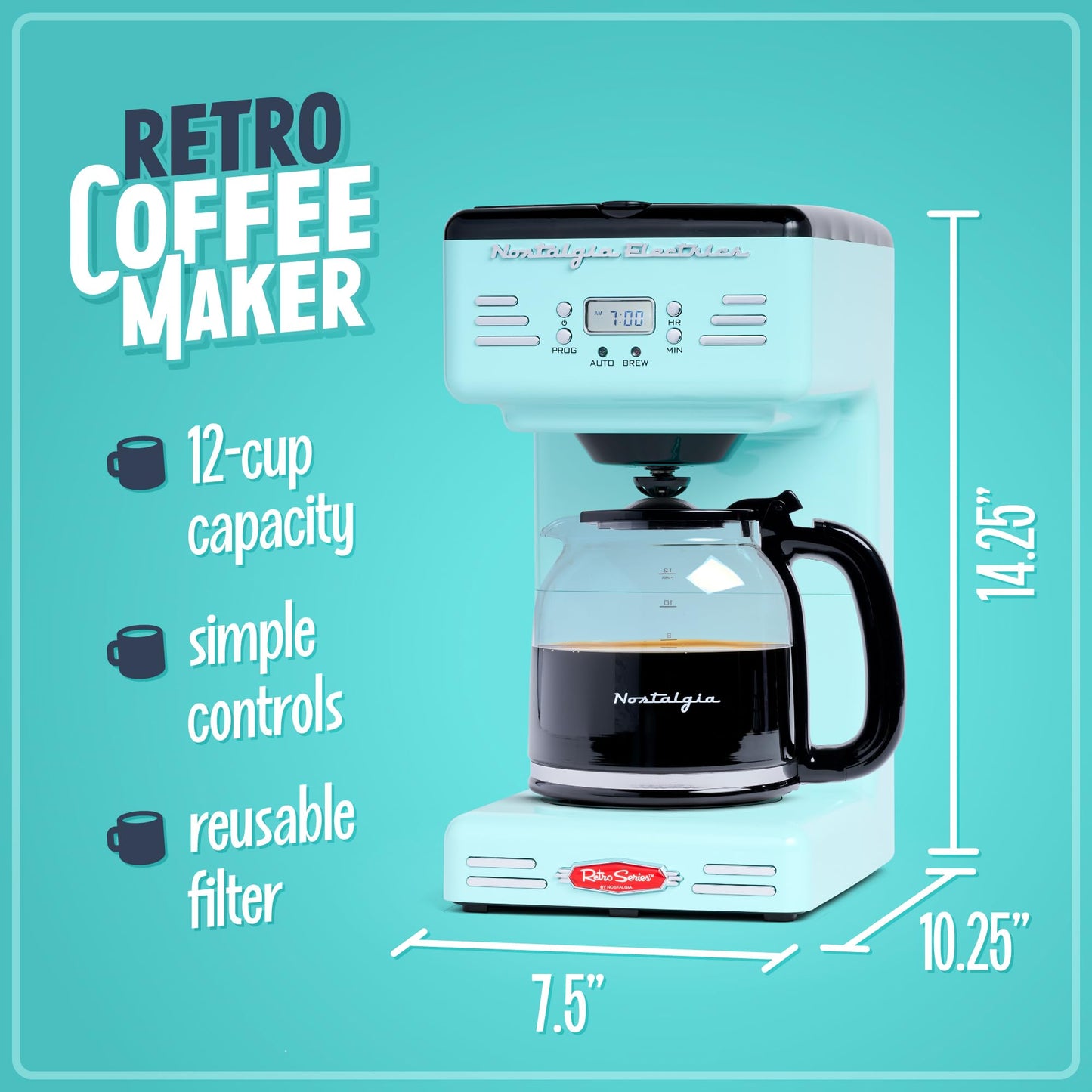 Nostalgia Retro 12-Cup Programmable Coffee Maker With LED Display, Automatic Shut-Off & Keep Warm, Pause-And-Serve Function, Aqua