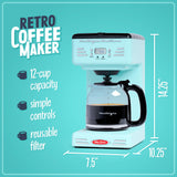 Nostalgia Retro 12-Cup Programmable Coffee Maker With LED Display, Automatic Shut-Off & Keep Warm, Pause-And-Serve Function, Aqua Nostalgia