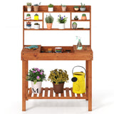 Giantex Potting Bench Table, Outside Solid Wood Gardening Table with Flip-up Tabletop, Storage Shelves, Indoor Outdoor Wooden Workstation for Patio Porch Balcony, Potted Plant Display Rack (Brown) Giantex