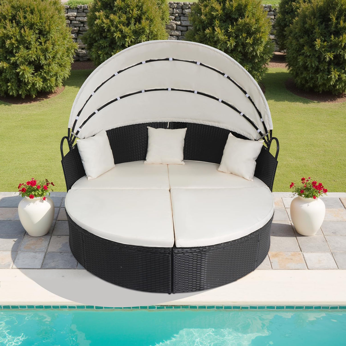 FDW Outdoor Round Daybed Wicker Patio Furniture Outdoor Furniture with Retractable Canopy Rattan Separated Seating Sectional Sofa Khaki Washable Cushioned and Three Pillow for Patio Backyard FDW