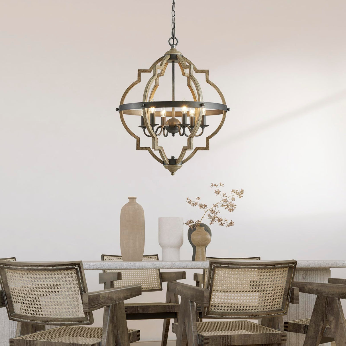 Saint Mossi 6-Lights Farmhouse Chandelier Light Fixture, Rustic Globe Chandelier for Dining Room, Pendant Light Fixtures,H29 x D21, Adjustable Hanging Chain, Wood Grain Metal Frame SM Saint Mossi