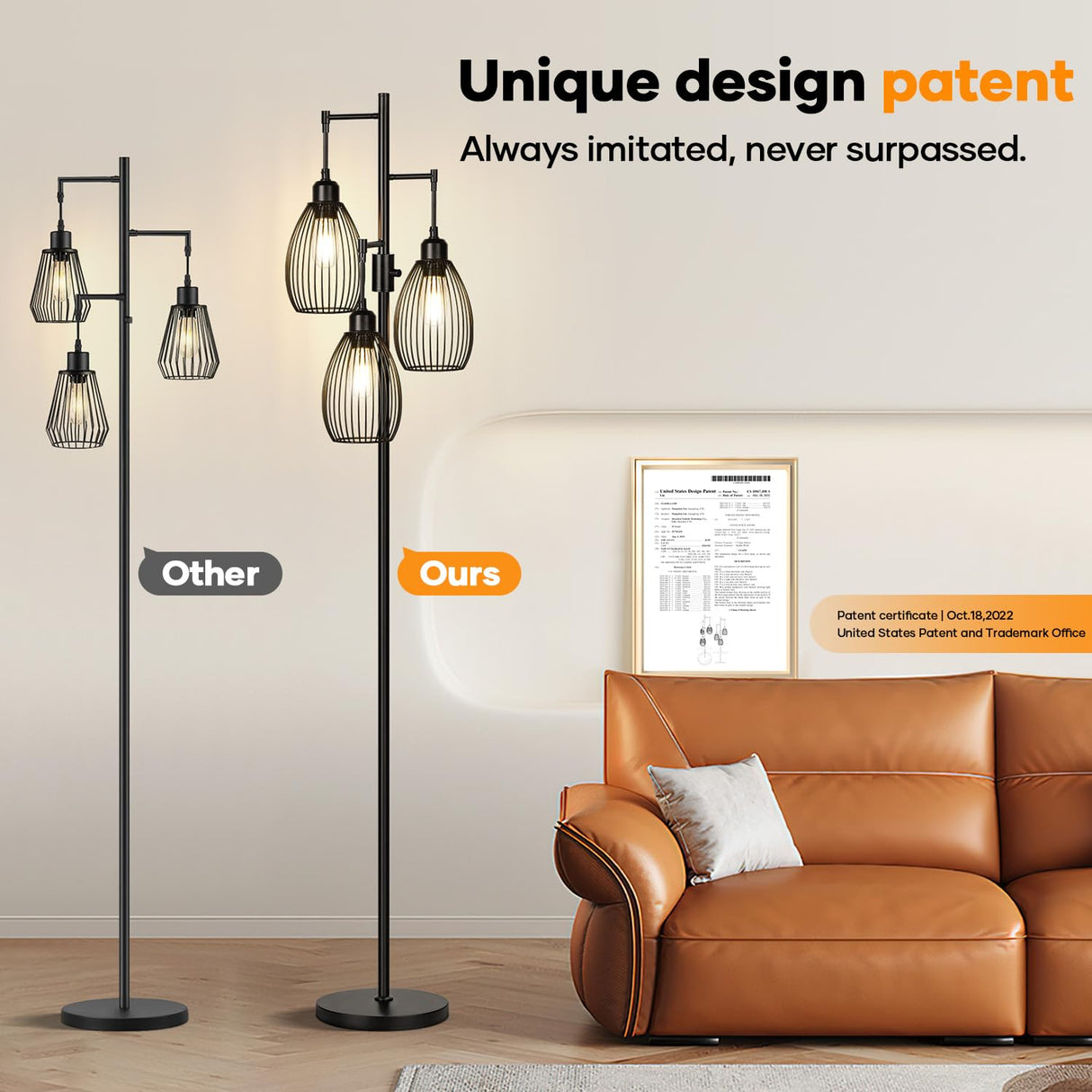 Dimmable Floor Lamp, 3 x 800LM LED Edison Bulbs Included, Farmhouse Industrial Floor Lamp Standing Tree Lamp with Elegant Teardrop Cage Tall Lamps for Living Room Bedroom Office Dining Room-Black Nintiue