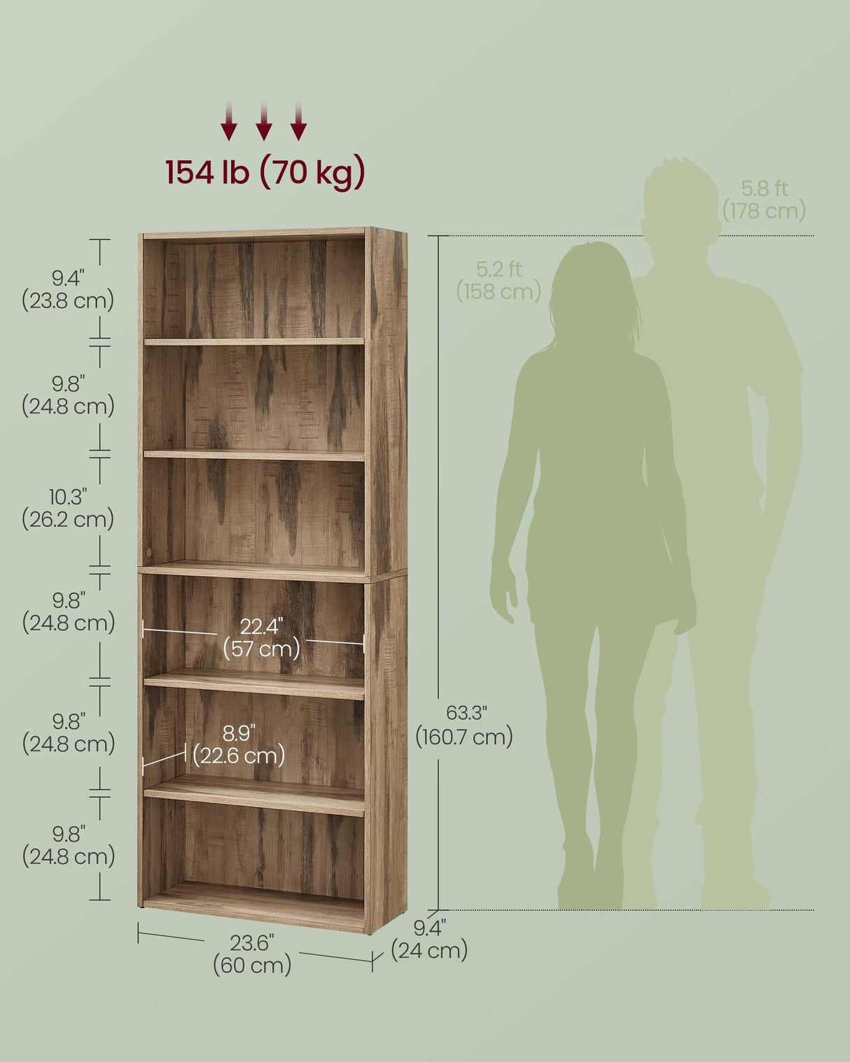 VASAGLE Custos Collection - Bookshelf, 6-Tier Bookcase, Book Shelf, Open Storage Shelf, 9.4 x 23.6 x 63.3 Inches, for Living Room, Home Office, Dinning Room, Camel Brown ULBC166T50 VASAGLE