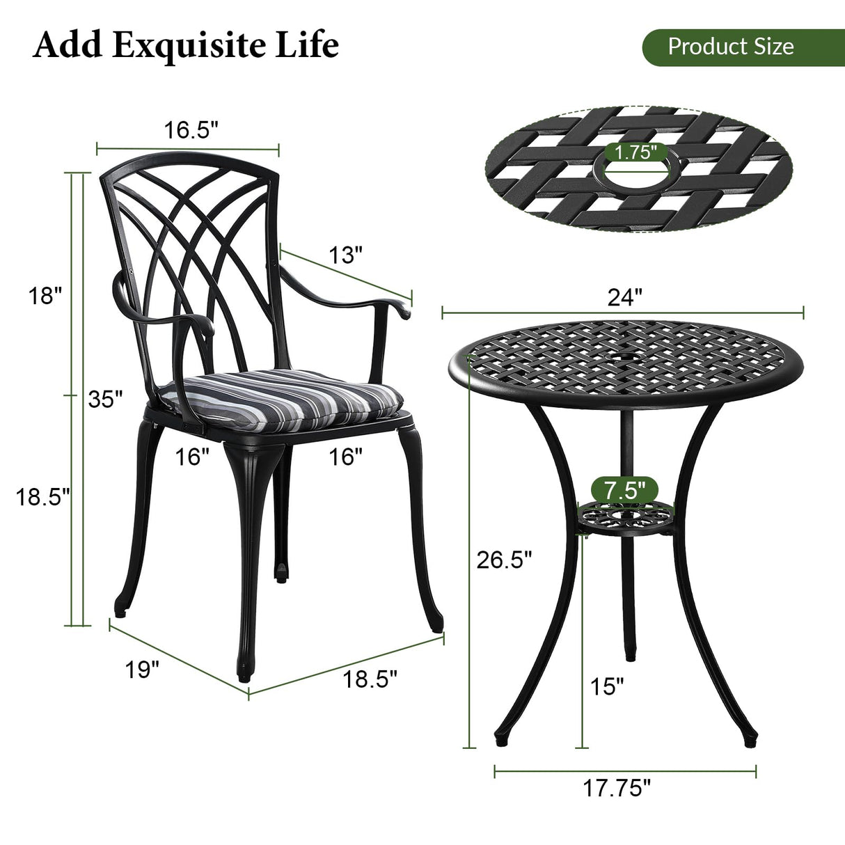Lokingrise Outdoor Bistro Set 3 Piece Outdoor Bistro Table and Chairs Set Table with Umbrella Hole, Cushions, Cast Aluminum Patio Furniture for Porch, Backyard, Garden, Black Lokingrise