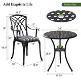 Lokingrise Outdoor Bistro Set 3 Piece Outdoor Bistro Table and Chairs Set Table with Umbrella Hole, Cushions, Cast Aluminum Patio Furniture for Porch, Backyard, Garden, Black Lokingrise