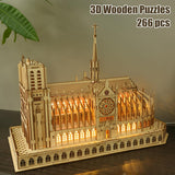 Leopmase 3D Wooden Puzzles for Adults,Notre Dame de Paris Church Model Kit for Adults to Build,Led Light DIY Games Gift on Birthday Christmas,Building Puzzle 266 Pcs Leopmase
