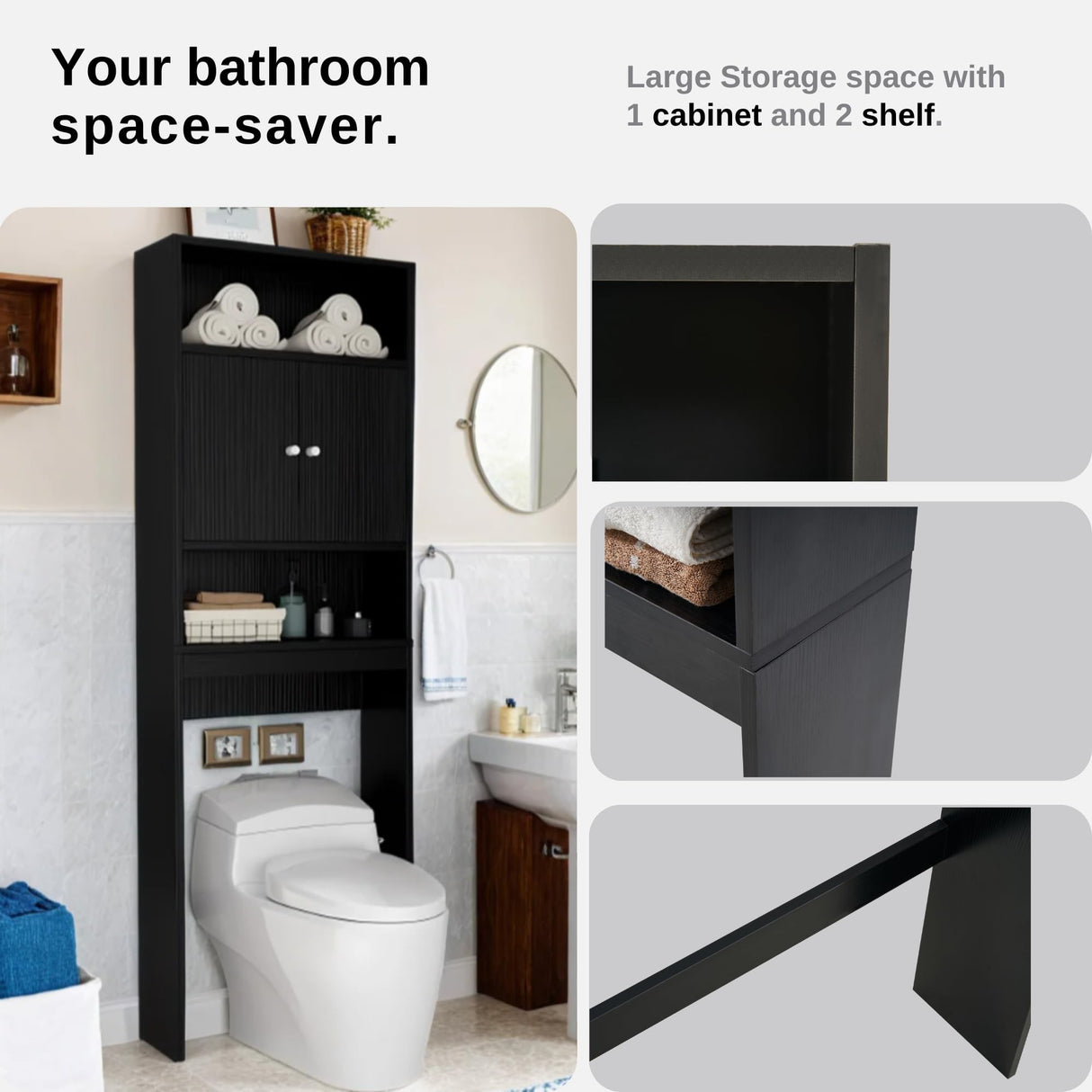 Tydaris Black Over The Toilet Storage Cabinet with Adjustable Shelf and Double Doors Tydaris