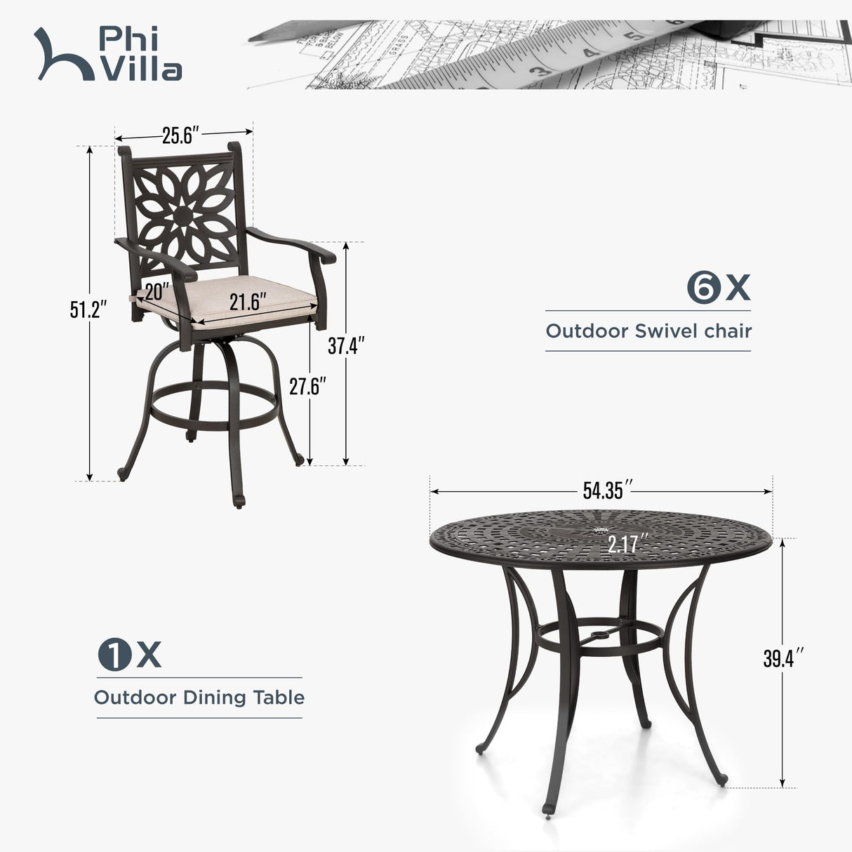 PHI VILLA 7 PCS High Bar Patio Dining Set, Cast Aluminum Outdoor Bar Set for 6 with 54" Round Bar Table and 6 Outdoor Swivel Bar Stool Chairs with Seat Cushion PHI VILLA