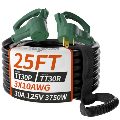 PlugSaf 25 FT 30 Amp RV Extension Cord Outdoor, Flexible Heavy Duty 10/3 Gauge STW RV Power Cord Waterproof with Cord Organizer, NEMA TT-30P to TT-30R, Black-Green, ETL Listed PlugSaf