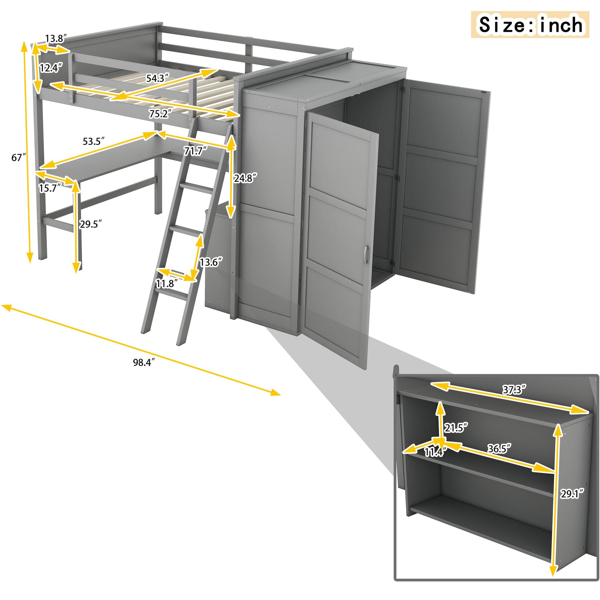 SOFTSEA Grey Full Size Loft Bed with Wardrobe, Desk & Storage Shelves for Enhanced Living - WoodArtSupply