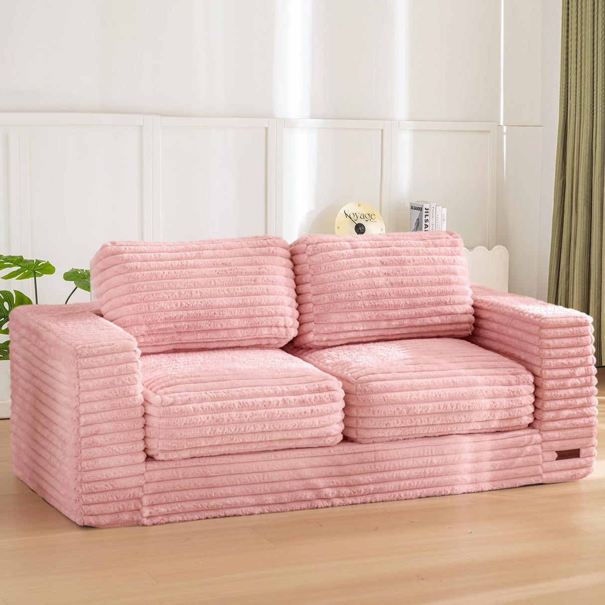 MAXYOYO Bean Bag Chair, Two-Seat Bean Bag Sofa with Pillows and Armrests for Adults, Upholstered Loveseat Floor Sofa Couch Fluffy Chair Bean Bag Couch for Bedroom Living Room, Pink MAXYOYO