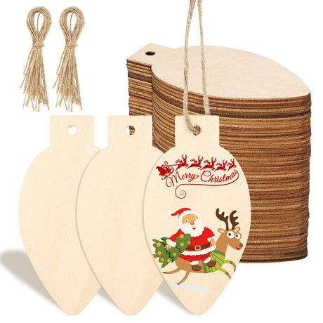 50 Pcs Christmas Unfinished Wooden Light Bulb Wooden Slices Blank Christmas Wooden Hanging Decorations with Rope Unfinished Predrilled Wooden Discs for Christmas Crafts DIY Decoration (Wood Color) Queekay