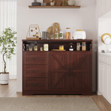 47" Dark Brown Farmhouse Storage Cabinet with Barn Doors and Drawers, Sideboard Buffet Cabinet with Storage, Kitchen Pantry Hutch, Coffee Bar Station Table for Kitchen, Living, Dining Room FiveWillowise
