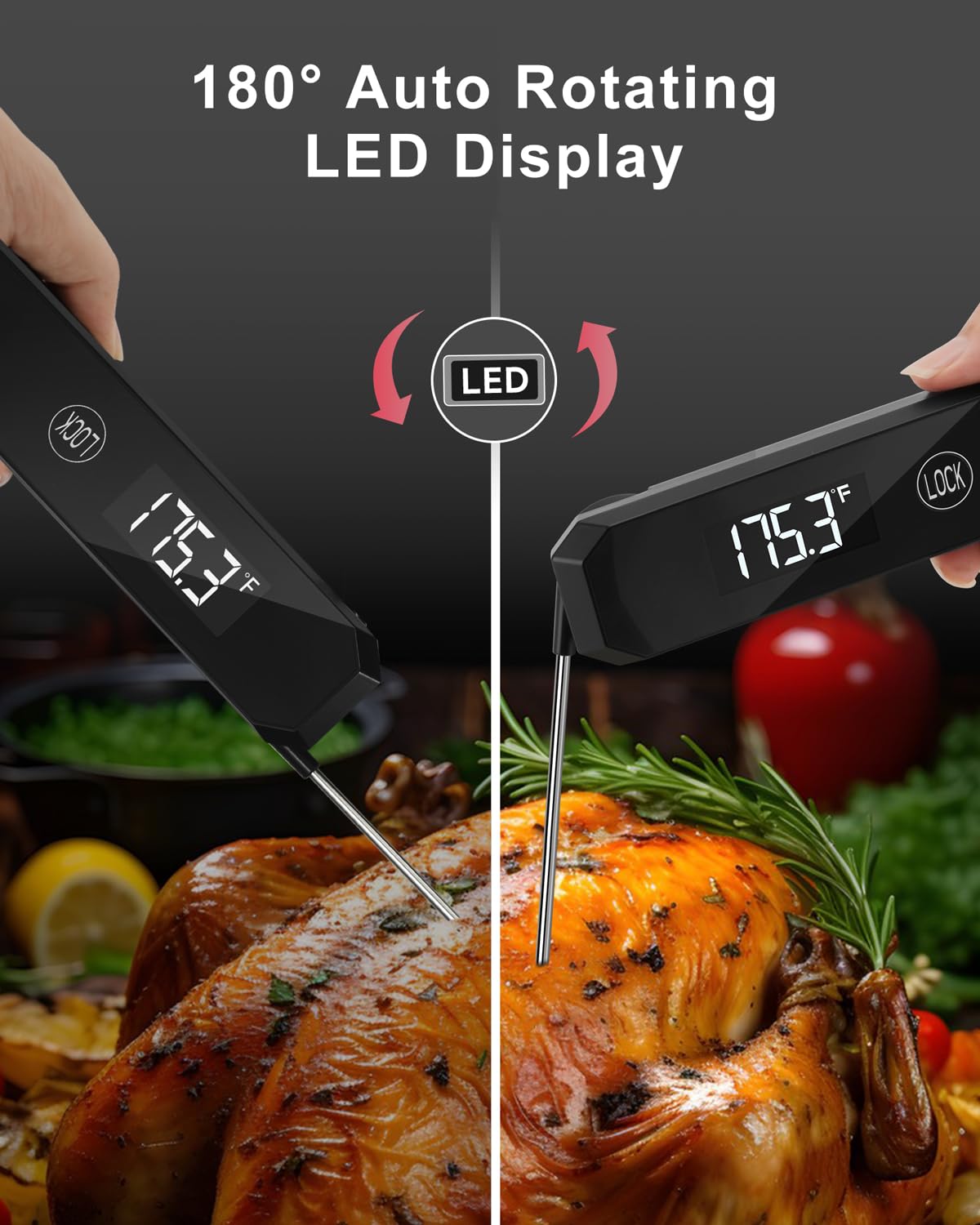 Meat Thermometer Digital 0.5 Sec Instant Read Thermometer, Accurate to ±0.5°F Ultra Fast Digital Food Thermometer for Cooking Outside Grill BBQ, 180° Auto Rotating Display, Waterproof, Auto Wake/Sleep LRFWJS