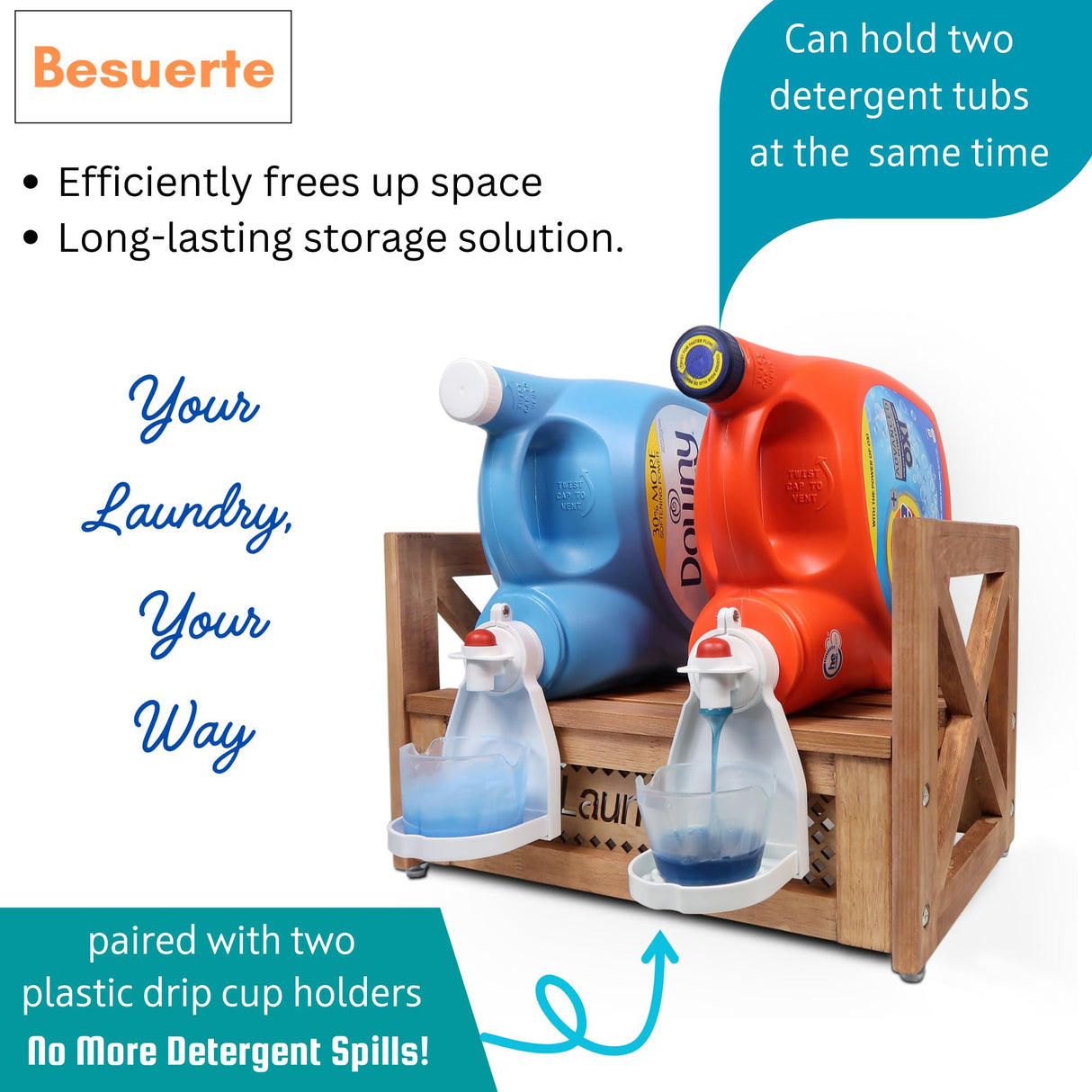 Farmhouse Wooden Laundry detergent stand - Besuerte Detergent Holder Station Shelf for Laundry Room - Laundry Organizers and Storage-Liquid Detergent Dispenser Holds Two Tubs, Brown Besuerte
