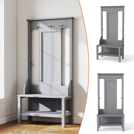 65" Farmhouse Hall Tree with Bench - 3-in-1 Entryway Organizer: Shoe Rack, Coat Hooks & Storage Shelves for Mudroom, Hallway (Gray) Delta Chairs