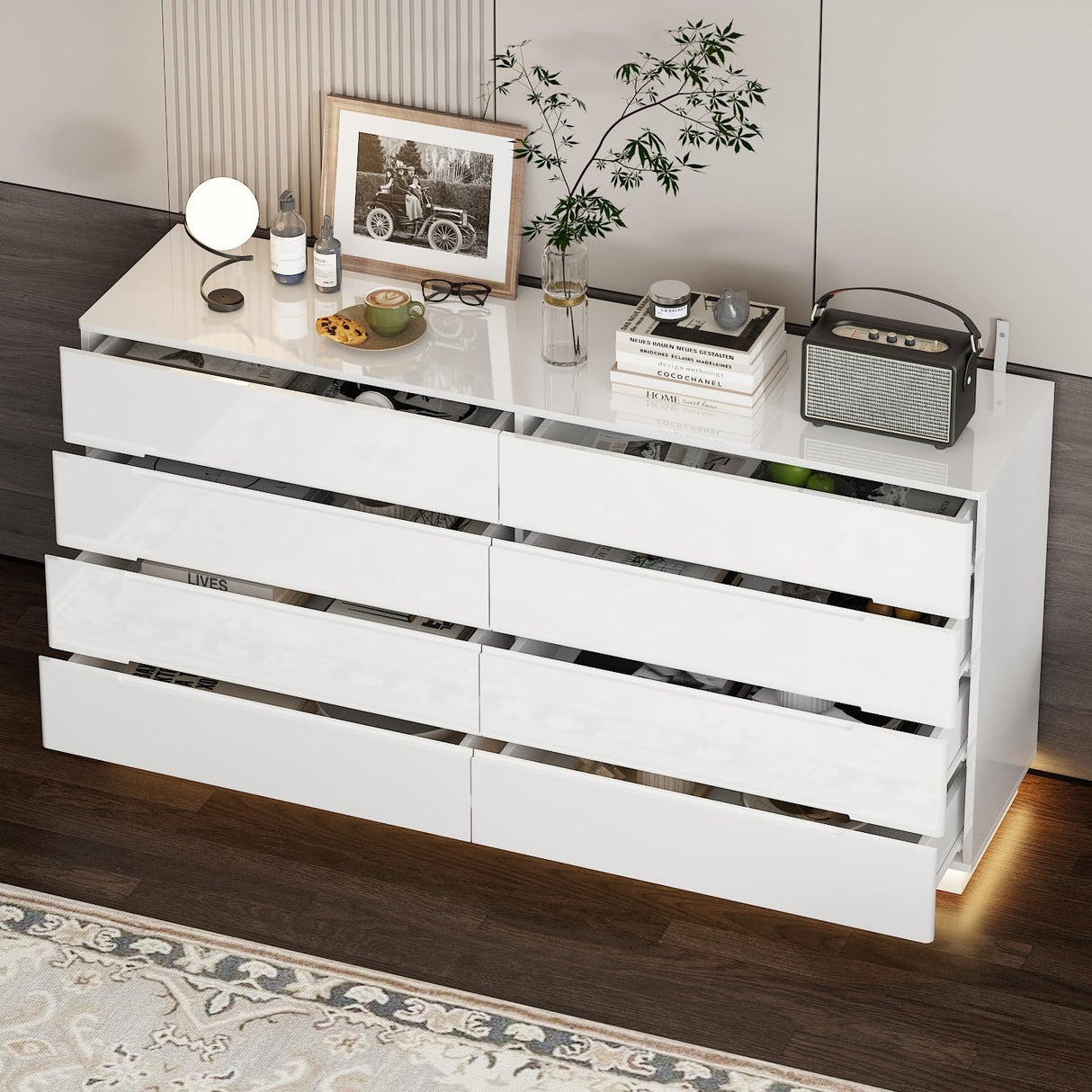 WOODTIME Modern 8 Drawer Dresser with LED Lights and Glossy Surface, 63" Large Dressers & Chests of Drawers Storage Tower Organizer for Bedroom, White WOODTIME