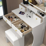 Vanity Desk Set with Adjustable LED Lighted Mirror, Girls Makeup Dressing Table with Stool and 4 Drawers Storage Makeup Table with Power Outlet for Bedroom (White) Panana