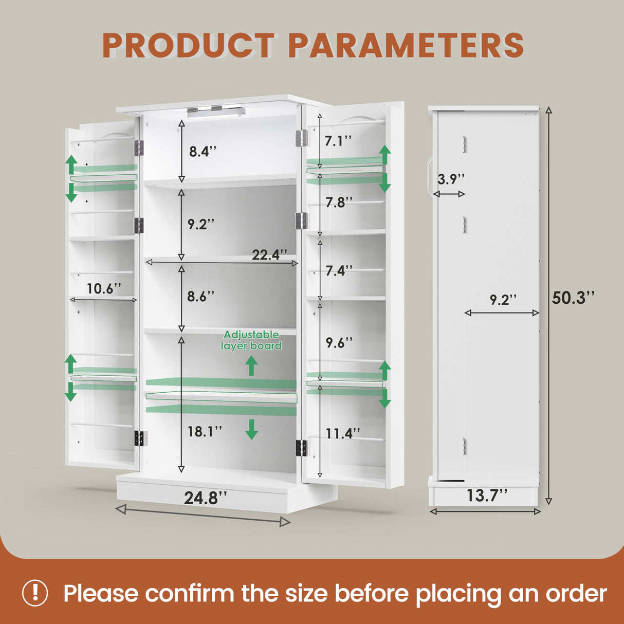 NEWOWNDS 50'' LED Kitchen Pantry Storage Cabinet, White Pantry Cabinets for Kitchen Storage with Adjustable Shelves, Freestanding Food Storage Cabinet with Doors for Living Room and Dinning Room NEWOWNDS