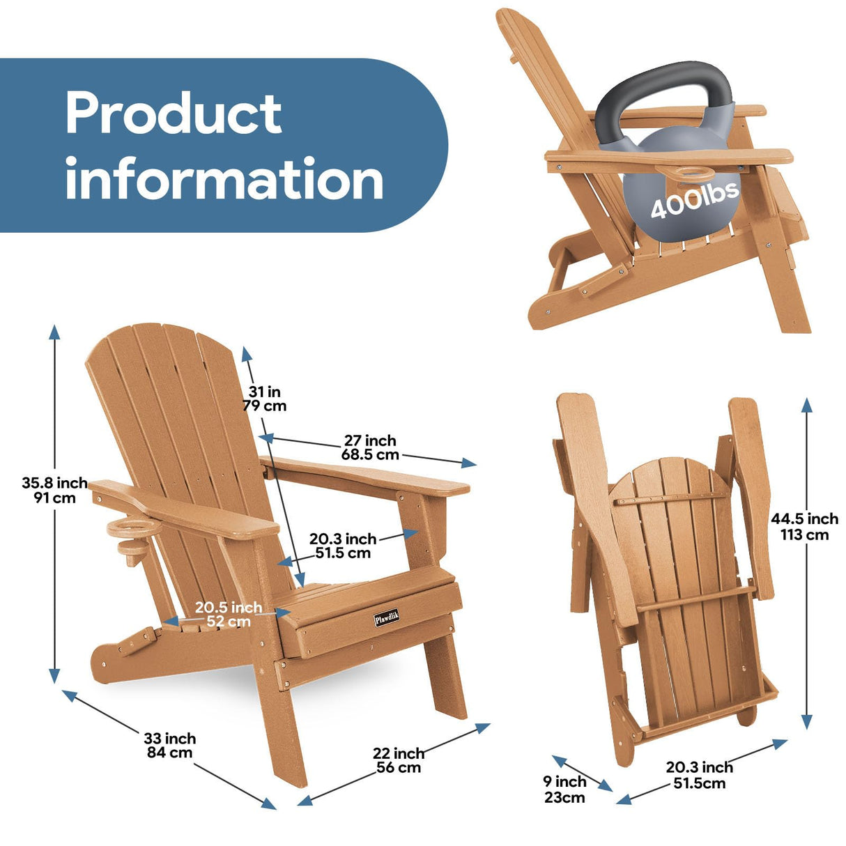Plawdlik Folding Adirondack Chair, SGS Tested, Wooden Textured with Cup Holder, Heavy All-Weather HDPE Comfortable Set Poolside Backyard Lawn Teak Plawdlik